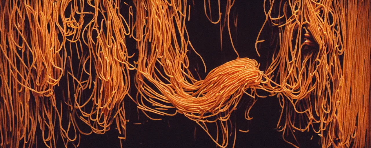 Prompt: an artist painting with spaghetti on a canvas, canon 5 0 mm, cinematic lighting, photography, retro, film, kodachrome, closeup