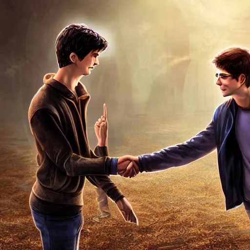 Prompt: Harry Potter and Percy Jackson shaking hands, digital art, art station, high quality, beautiful render, aesthetic