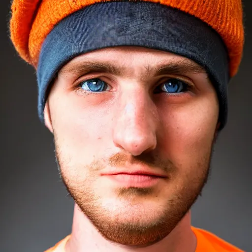 Prompt: close-up a 25 year old man wearing a black winter hat and a orange jail inmate tshirt, inside a underground facility, blue eyes, hideous, side lighting, Jan Kalous, D-55240