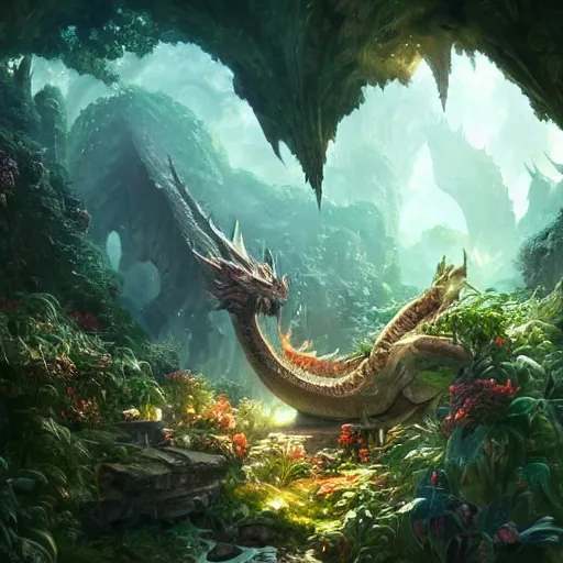Image similar to Giant Dragon resting in a cave, natural light, lush plants and flowers, elegant, intricate, fantasy, atmospheric lighting, by Greg rutkowski, league of legends splash art