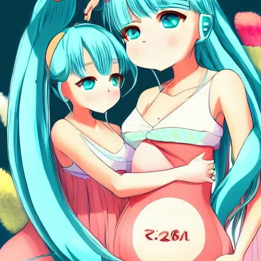 Prompt: cute pregnant hatsune miku with big pregnant belly, baby struggling inside womb, kicks are visible on the belly, art in anime style, trending on pixiv