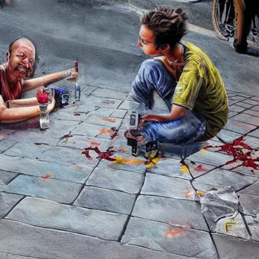 Prompt: realistic detailed painting, poison acid on the street, the titled from this hyper realistic painting which are very detailed is untutled