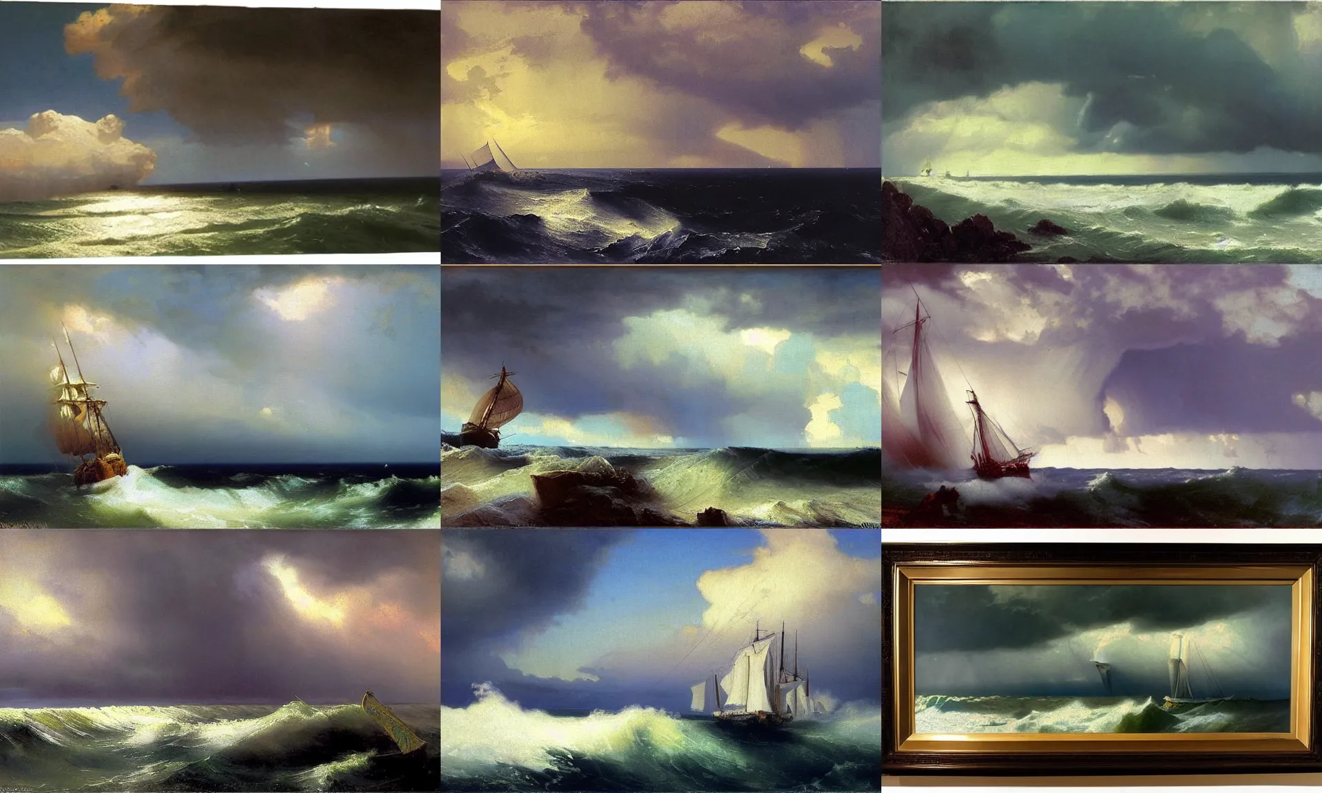 Prompt: stormy sky, cumulonimbus, realism, seascape artwork by frederick judd waugh and Russ Kramer and christopher blossom and ivan aivazovsky