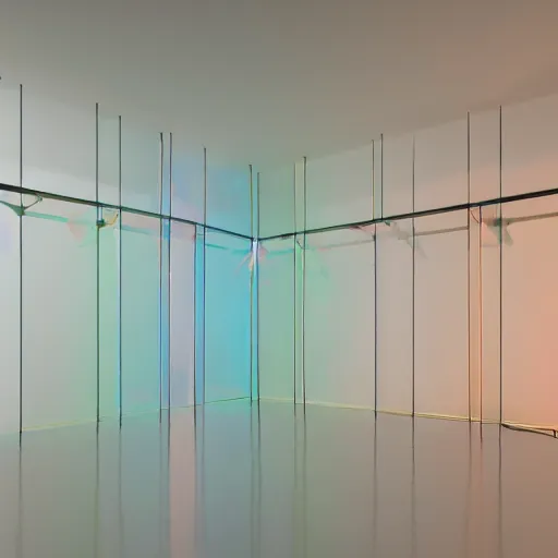 Image similar to an ultra high definition professional studio quality photograph of a transparent iridescent perspex pastel coloured rain sculpture on white coat hook in an empty white room. dramatic lighting, ray tracing, refraction, shallow d. o. f, colour corrected, golden ratio, three point light. volumetric shadows. god rays.