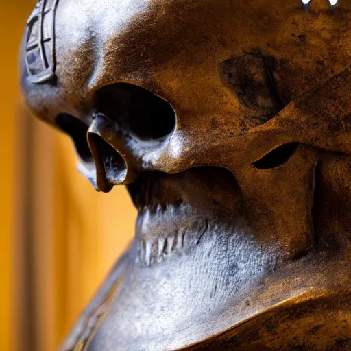 Image similar to close up shot of an old bronze patina statue of a skull wearing a samurai hat in a museum