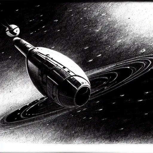 Prompt: a black and white les edwards sci - fi style spaceship, ink drawing, smooth, sharp focus, vibrant volumetric natural light.