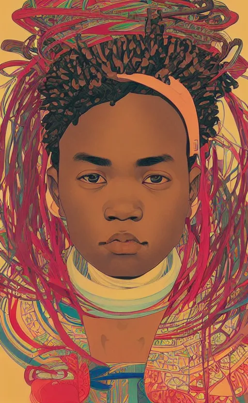 Image similar to colourful upper half portrait of an african boy - in japanese retro poster design illustration style, art by hsiao - ron cheng & alphonse mucha, highly detailed, digital painting, illustration, smooth, sharp focus, intricate, clustered, busy, pinterest, behance,