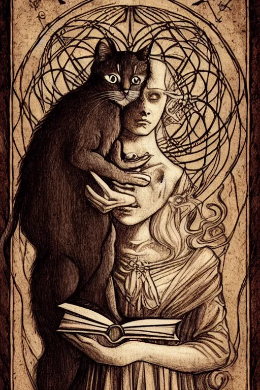 Image similar to da vinci illustration of romantic girl, her cat and her book of necronomicon, symmetrical, cinematic, sharp focus, 4 k, ultra hd, sense of awe, sinister demonic atmosphere, dreadful, forbidden knowledge, old gods, cthulhu, yog - sothoth! yah, yah, yah! cultist journal cover