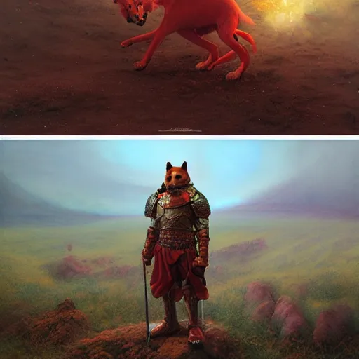 Prompt: anthropomorphic shiba inu, knight red armor, standing on hill of dead enemies, stuning fantasy 3 d render, masterpiece, glowing dark aura, by donato giancola and greg rutkowski and wayne barlow and zdzisław beksinski, realistic face