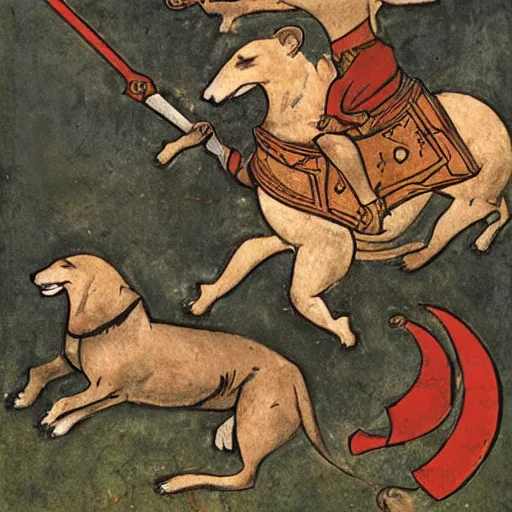 Prompt: Warrior dogs riding lions into battle, medieval weapons and armour