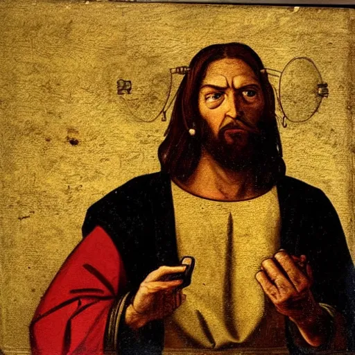 Prompt: 16th century painting of angry looking Jesus with a headset on holding a xbox controller playing a videogame