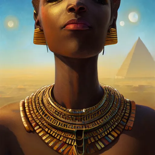 Image similar to highly detailed portrait of an african egyptian goddess, intricate alien technology, stephen bliss, unreal engine, fantasy art by greg rutkowski, loish, rhads, ferdinand knab, makoto shinkai and lois van baarle, ilya kuvshinov, rossdraws, tom bagshaw, global illumination, radiant light, detailed and intricate environment