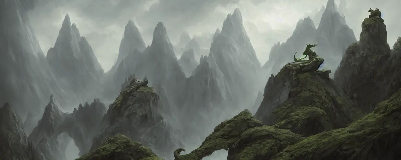 Image similar to Yoda rides the dragon across the deserted, foggy mountain range, very detailed concept art, matte painting, digital art, concept art, realistic beautiful, trending on Artstation, Greg Rutkowski,