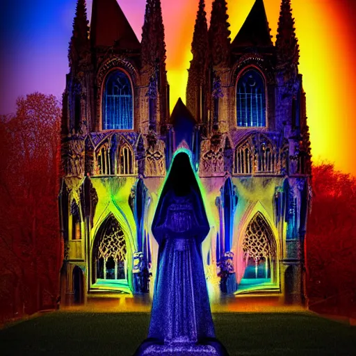 Image similar to architectural light painting nightly shot, no decaying lines, alabaster gothic cathedral with long mandala windows, reflection of red sun, blue hour, gothic sapphire female statue, intricate arabesque detailed silk dressed, macro head face