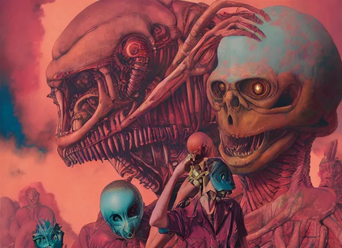 Prompt: attack on titan by francis bacon, surreal, norman rockwell, greg hildebrandt, triadic color scheme, by greg rutkowski, exotic vegetation, tristan eaton, victo ngai, complimentary color, pink and teal and orange, a still from the film alien, beksinski, hyperrealism