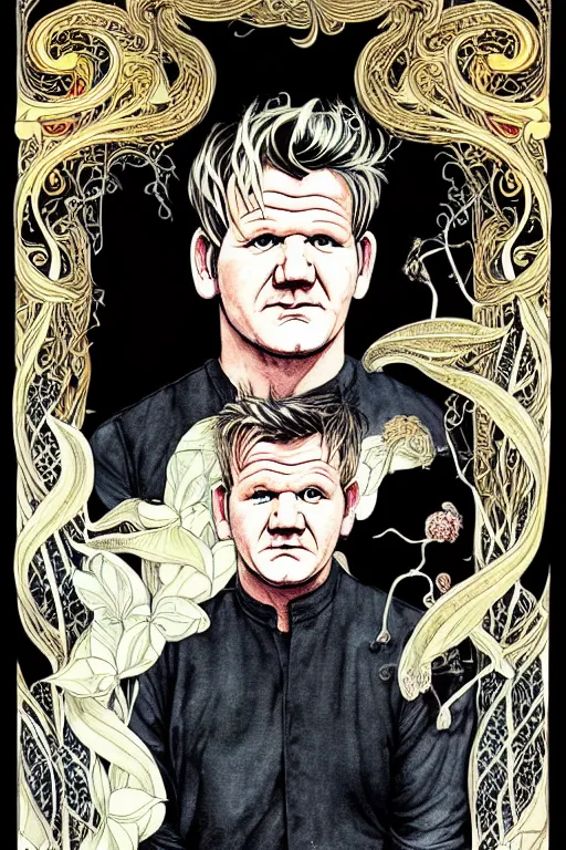 Prompt: realistic portrait of gordon ramsay in the center of an ornate black floral and black wings frame, detailed art by kay nielsen and walter crane, illustration style, watercolor