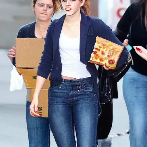 Image similar to cute emma watson bloated after being filled with a huge pizza