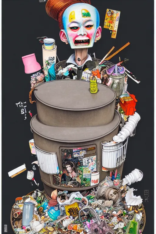 Image similar to full view, from a distance, of anthropomorphic trashcan duchamp, full of trash, style of yoshii chie and hikari shimoda and martine johanna, highly detailed