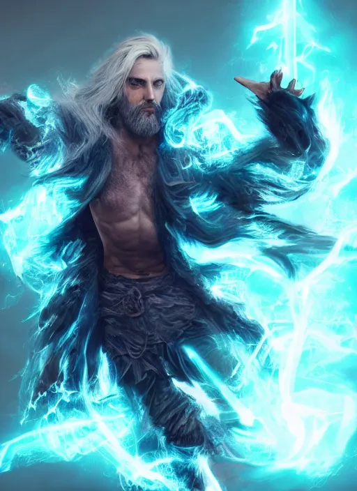 Image similar to A striking epic hyper real portrait painting of aasimar warlock, teal electricity surrounding body, male, shaggy silver hair, short scruffy beard, 4k, 8k, Apex Legends Concept Art, D&D Concept Art, unreal 5, DAZ, hyperrealistic, octane render, cosplay, RPG portrait, dynamic lighting
