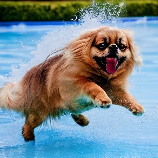 Prompt: award winning photography tibetan spaniel jumping into a pool, action shot, trending on artstation