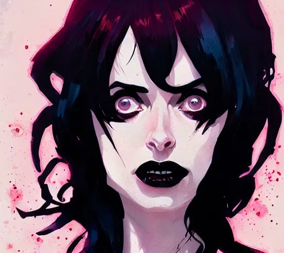 Image similar to krysten ritter as a death from sandman, goth, black lace, by atey ghailan, by greg rutkowski, by greg tocchini, by james gilleard, by joe fenton, 9 0 s aesthetic