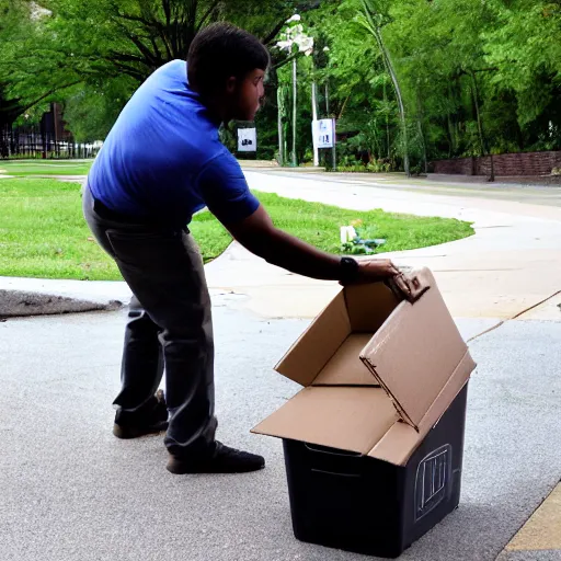 Prompt: A photo of a guy dumping forks out of a box into a garbage can. Taken with a Canon EOS 5D.