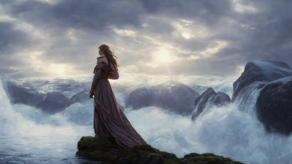 Image similar to queen, norway fjord, natalie portman, hudson river school, max rive, giant waves, white royal dress, f 1 6, bokeh, gentle, female, snowy, storm clouds, god rays, close up portrait, d & d, fantasy, elegant, low key color palette, concept art, roger deakins and greg rutkowski and alphonse mucha