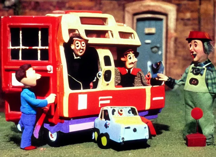 Prompt: a scene from a 1 9 8 0 s british kids tv programme by the bbc and oliver postgate, stop motion animation, postman pat, vhs distortion, folk horror, hauntology