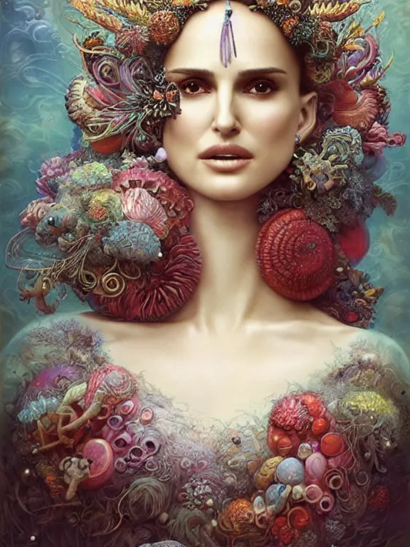 Image similar to a portrait render of Natalie Portman between fish and coral reef who has baroque dramatic headdress with intricate fractals of shellfish and pearls,by tom bagshaw and Agnieszka Lorek and Visarute Angkatavanich and aaron horkey and peter gric,trending on pinterest,rococo,hyperreal,maximalist,glittering,feminine