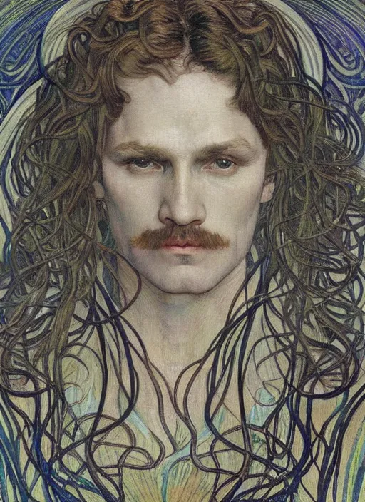 Image similar to detailed realistic beautiful young karl gustav jung face portrait by jean delville, alphonse mucha, vincent van gogh, and marco mazzoni, art nouveau, symbolist, visionary, gothic, pre - raphaelite