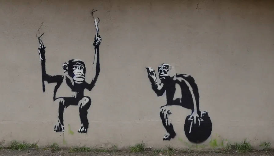 Prompt: Graffiti by Banksy of a monkey in a suit