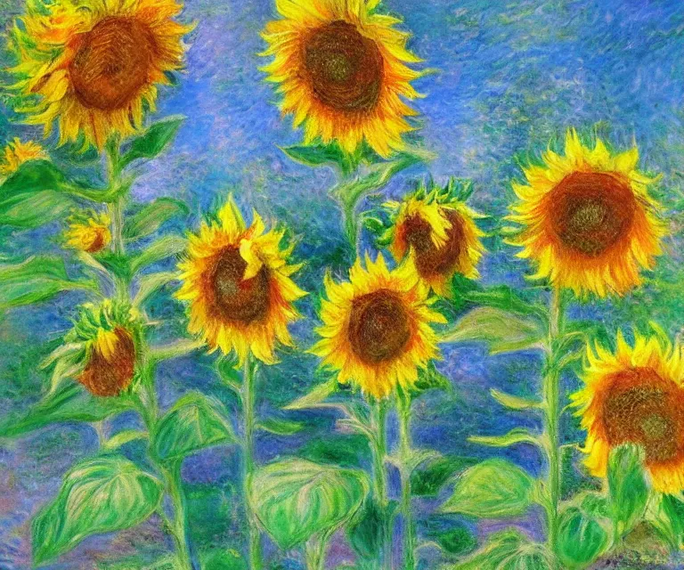 Prompt: sunflowers, monet, water painting, bright colors, sunlight, happy, peaceful, serene, joy