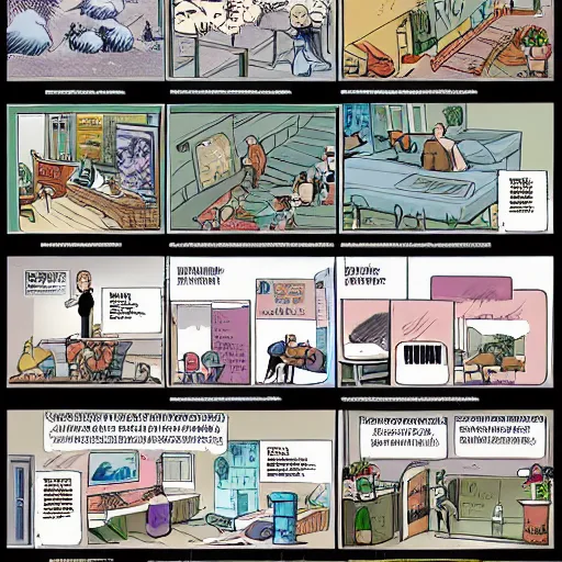 Image similar to a comic strip storyboard layout, award winning isometric illustration by alan davis