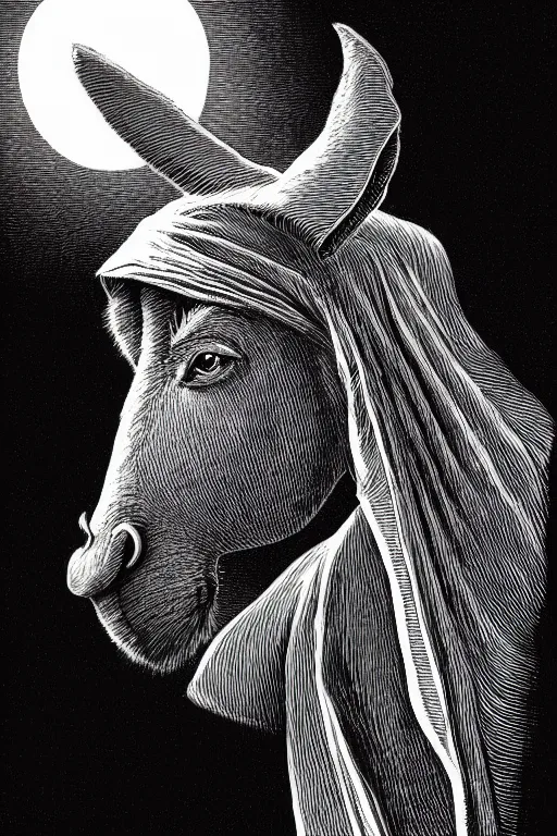 Prompt: a vibrant ultraclear sideview waist up portrait of donkey, mysterious donkey! wearing black cape hoodie by rene magritte and laurie greasley, etching by gustave dore, colorful flat surreal, ethereal, intricate, sharp focus, illustration, highly detailed, digital painting, concept art, masterpiece