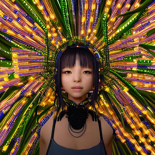 Image similar to piles of modular synth cables mixed with mangrove roots, kawaii puerto rican goddess staring through your soul wearing a headpiece made of circuit boards, by makoto shinkai, masamune, and stanley kubrick, unique perspective, eastman color, trending on artstation, cinematic, 3 d render, photorealistic