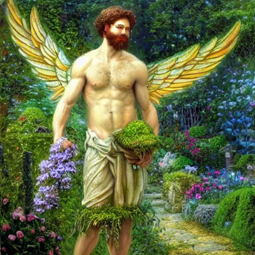 Prompt: a majestic winged male garden angel with a beard made of moss, he is clothed in vines and flowers standing in front of a beautiful cottage, an oil painting by thomas canty and thomas kincade
