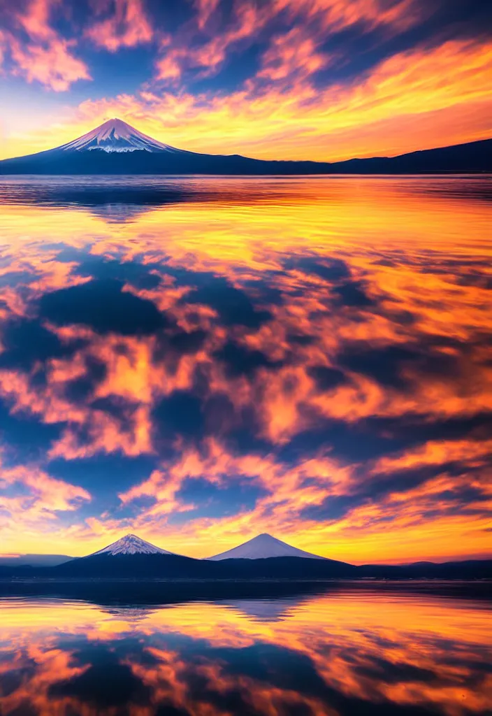 Image similar to clouds curling around mount fuji reflected on the lake surface at sunset, national geographic award - winning landscape photography