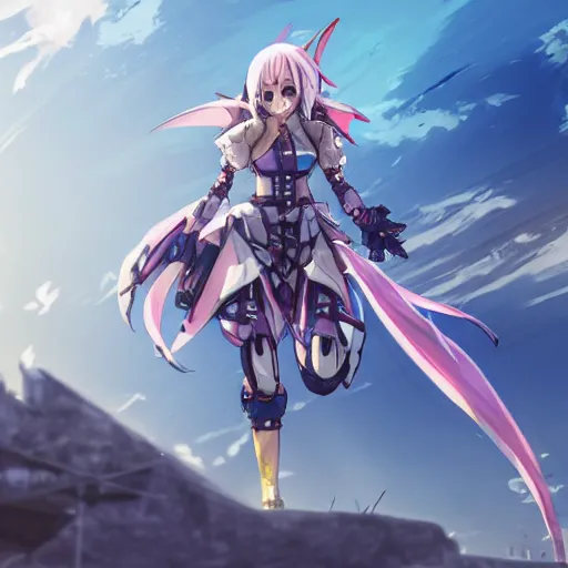 Prompt: wide - angled shot of an anime final fantasy star ocean female hungarian tribal robes scarf girl character riding a giant mecha with mechanical jet pack skates running speeding through scifi mystical steppe