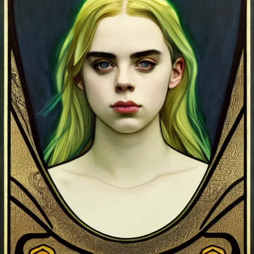 Image similar to Billie Eilish as female loki, oil on canvas, noir, trending on artstation, by Alphonse Mucha and Edmund Blair Leighton and Charlie