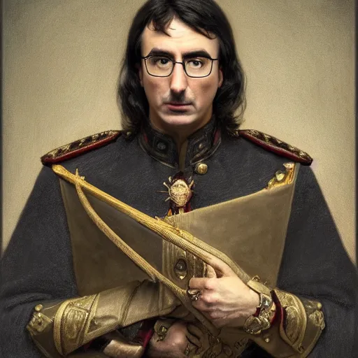 Prompt: portrait of stoic looking john oliver as in the vigo carpathian painting, military uniform, fantasy, intricate, elegant, beautiful, highly detailed, charcoal, centered, dark, smokey, full body,, 4 k, digital painting, artstation, concept art, smooth, sharp focus, illustration, art by artgerm and greg rutkowski and alphonse mucha