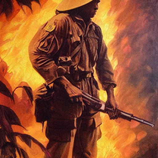 Image similar to ultra realistic portrait painting of a vietnam soldier in the jungle surrounded by orange flames, art by frank frazetta, vintage levi ’ s ad, stormy weather, dark vibes, 4 k, ultra realistic, highly detailed, epic lighting
