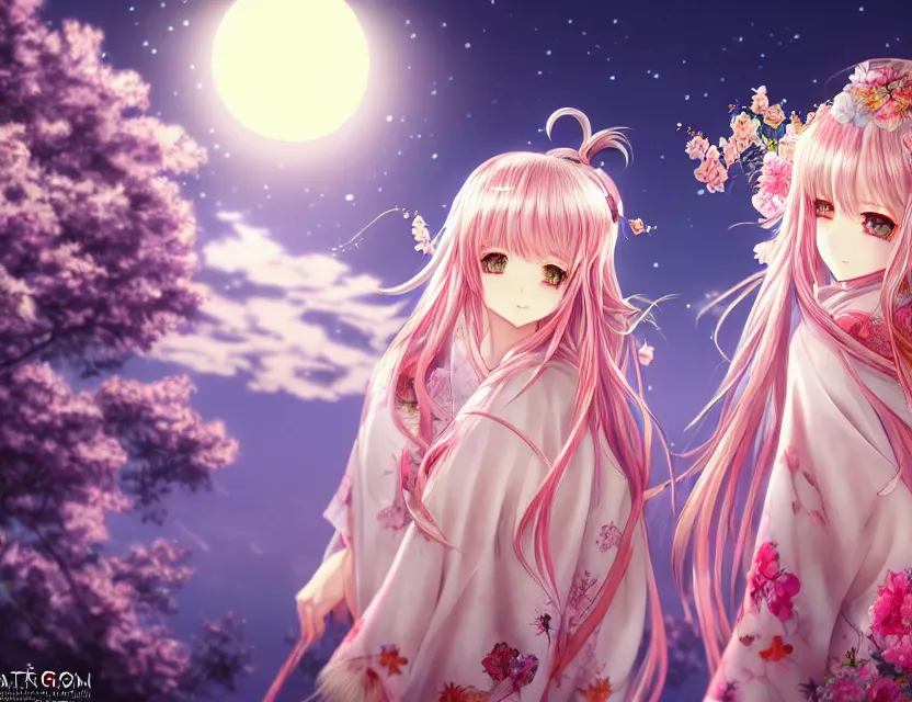 Prompt: two beautiful anime siberian girls wear fantasy sexy kimono in festival | | sunny night, full moon, dreamlike art, realistic shaded, smile, good looking, hyper details, 4 k realistic, cryengine, realistic shaded lighting poster by artgerm, ross tran, fuji choko, 8 k resolution, trending on artstation, luxury