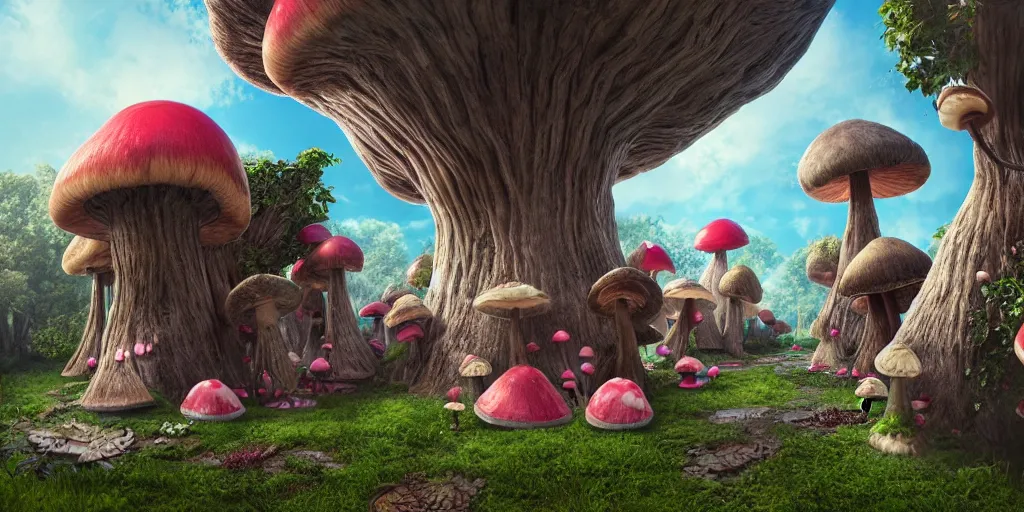 Prompt: alice in wonderland houses made from giant mushrooms, 3 d, mistic atmosphere, cute, octane render, redshift render, intricate, insanely detailed, morning light, ambient occlusion, sub surface scattering, well rendered