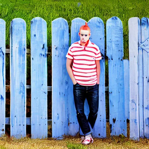 Image similar to young white guy in a red bandana staring at a blue sky with a fence in the background, photo, photoshoot, detailed