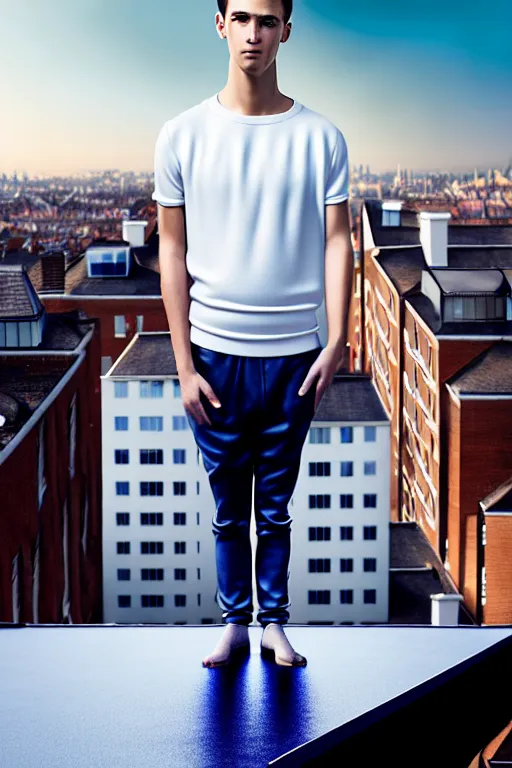 Image similar to un ultra high definition studio quality photographic art portrait of a young man standing on the rooftop of a british apartment building wearing soft padded silver pearlescent clothing. three point light. extremely detailed. golden ratio, ray tracing, volumetric light, shallow depth of field. set dressed.