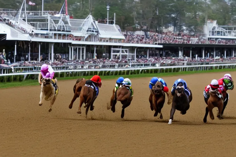 Prompt: an award winning shot a horse racing track with racing bulldogs that are winning the race at the finish line