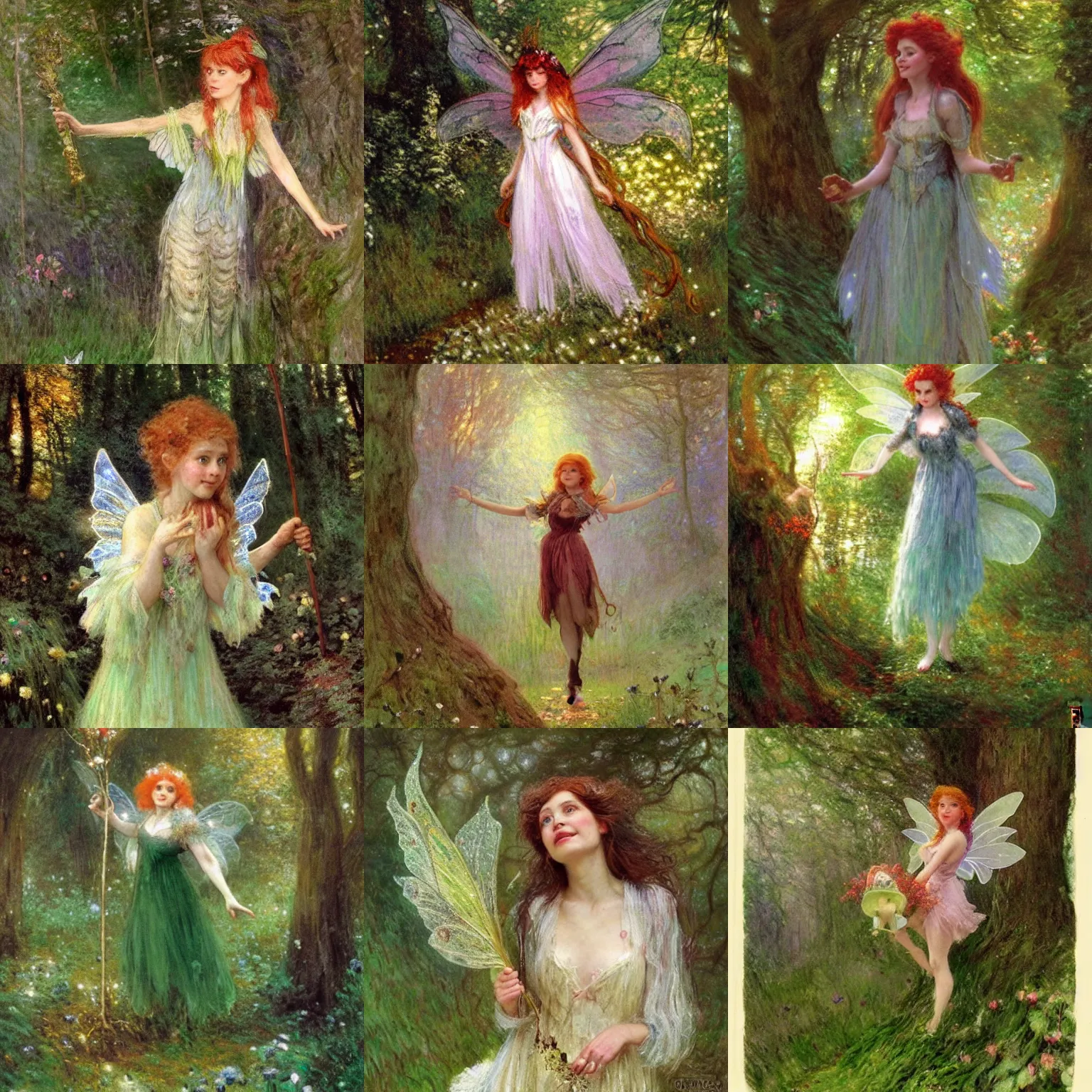 Prompt: a cheerful, mischiefous fairy ( looks similiar hollday granger!!! ) in the forrest. magical, detailed, character portrait from a fairy tale by greg rutkowski and monet, ( ( inspired by henry meynell rheam's the fairy wood ) ) ( 1 9 0 3 )