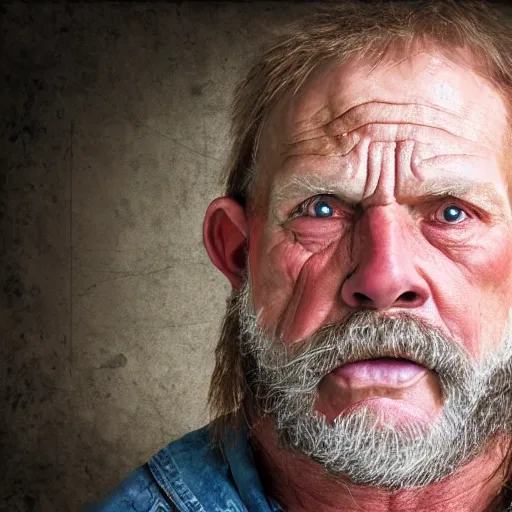 Image similar to film still photo portrait of a toothless middle aged 5 6 year old redneck hillbilly, realistic, hyperrealistic, 8 k resolution, hd quality, very detailed, highly detailed, intricate details, real life, real world, trending on artstation, digital art, really realistic, very realistic, headshot, head in frame, photograph, portrait, mugshot