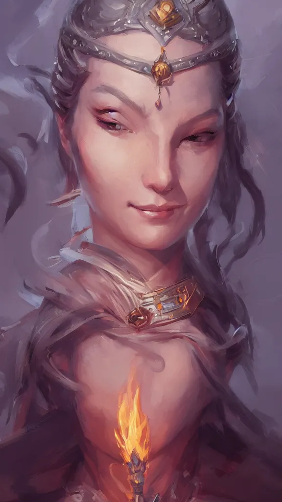 Prompt: An ultradetailed portrait of a smiling female goddess wizard of fire wearing long black duster by Tian Zi, Mandy Jurgens and Viktoria Gavrilenko trending on artstation :1.7