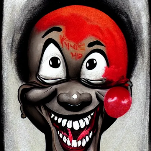 Image similar to grunge cartoon painting of kanye with a wide smile and a red balloon by chris leib, loony toons style, pennywise style, corpse bride style, horror theme, detailed, elegant, intricate